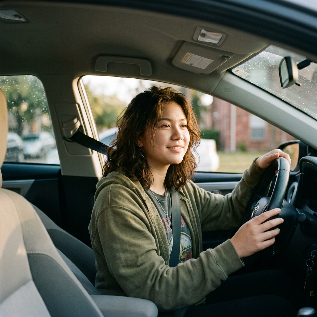 Smiling driver wearing a seat belt and holding a car steering wheel